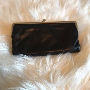 Black leather hobo wallet with silver hardware